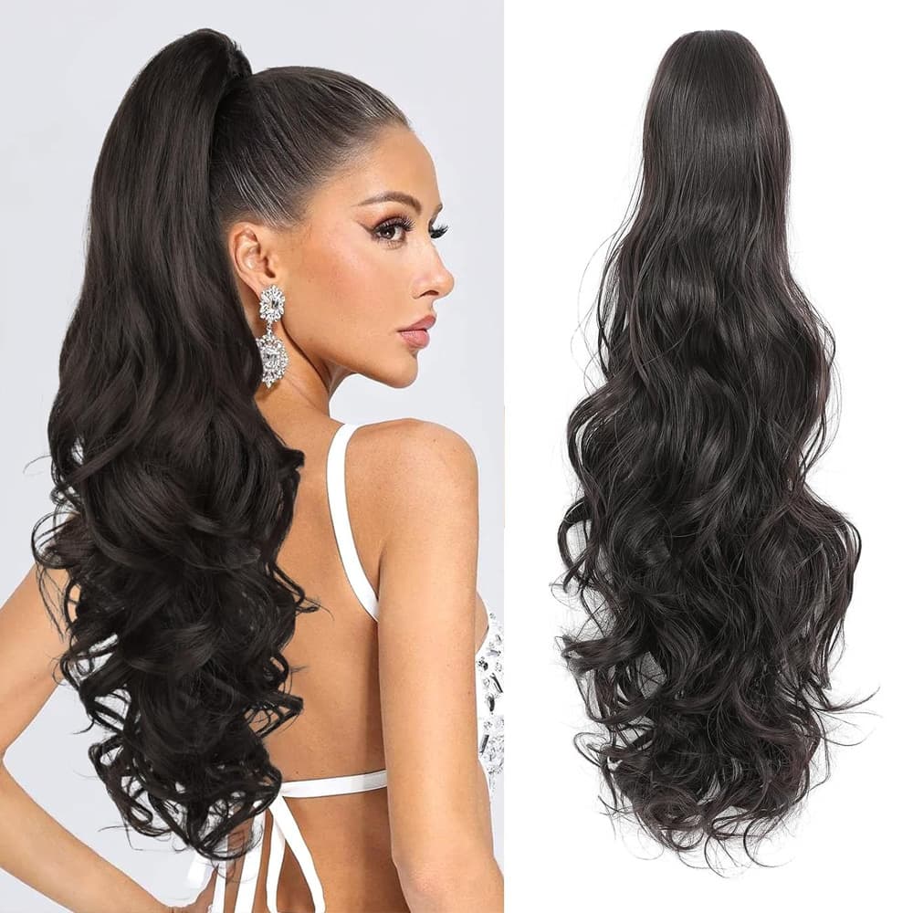 European and American Women's Big Curl Ponytail Wig, Fluffy Invisible Long Curly Wave Ponytail with Clip