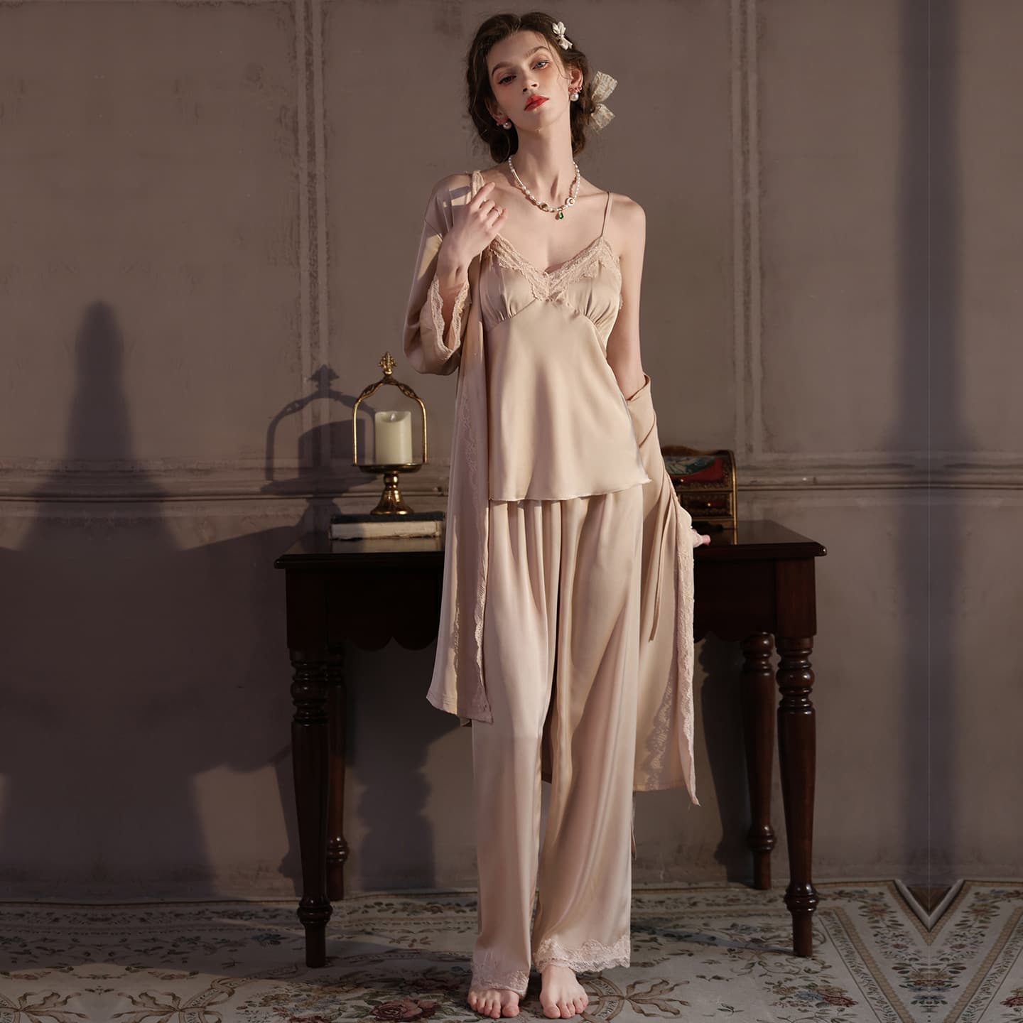 Women's Sexy Ice Silk Camisole and Pajama Pants Set 2026 New Summer Lace Three-Piece Loungewear