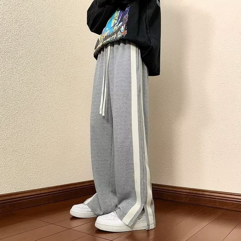 Striped Split Hem Pants for Men Summer Straight Wide Leg Floor-Length Ins Trendy Streetwear Loose Casual Long Trousers