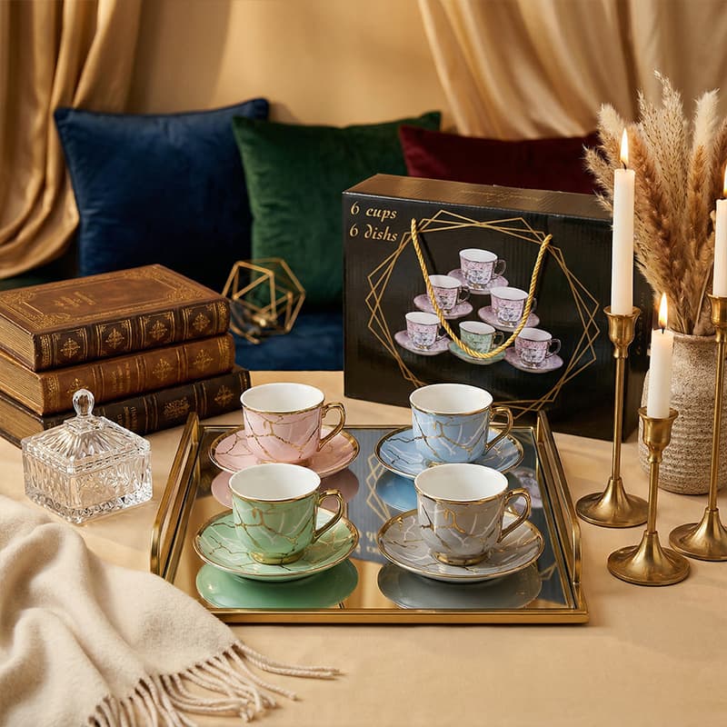 Luxury Floral Tea Cup and Saucer 6-Piece Gift Set, Stone Texture Electroplated Gold Coffee Cup and Saucer, English Afternoon Tea Ceramic Tea Set