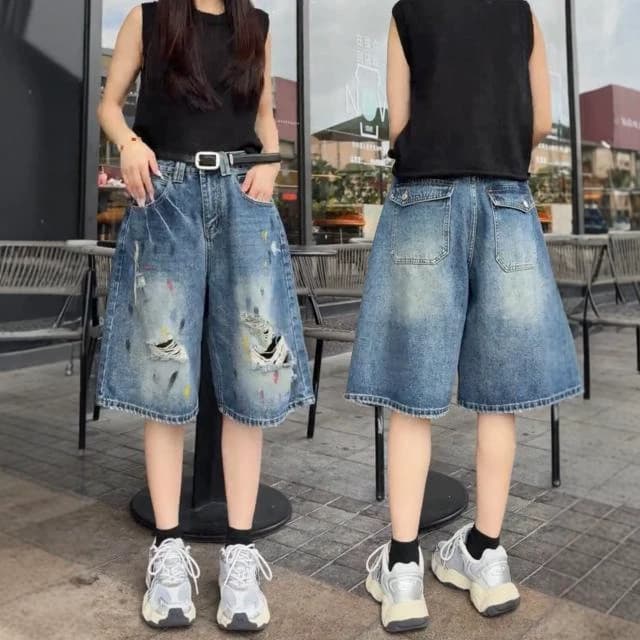 Denim Mid-Length Shorts for Women Plus Size, Summer Thin High Waist Slimming Loose Wide Leg Five-Third Shorts, Denim Five-Third Pants