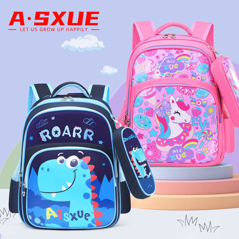 Elementary School Backpack for Grades 1-3, Boys and Girls, Cartoon Cute, Lightweight Ergonomic Spine Protection, Kids Pencil Case, Double Shoulder Bag
