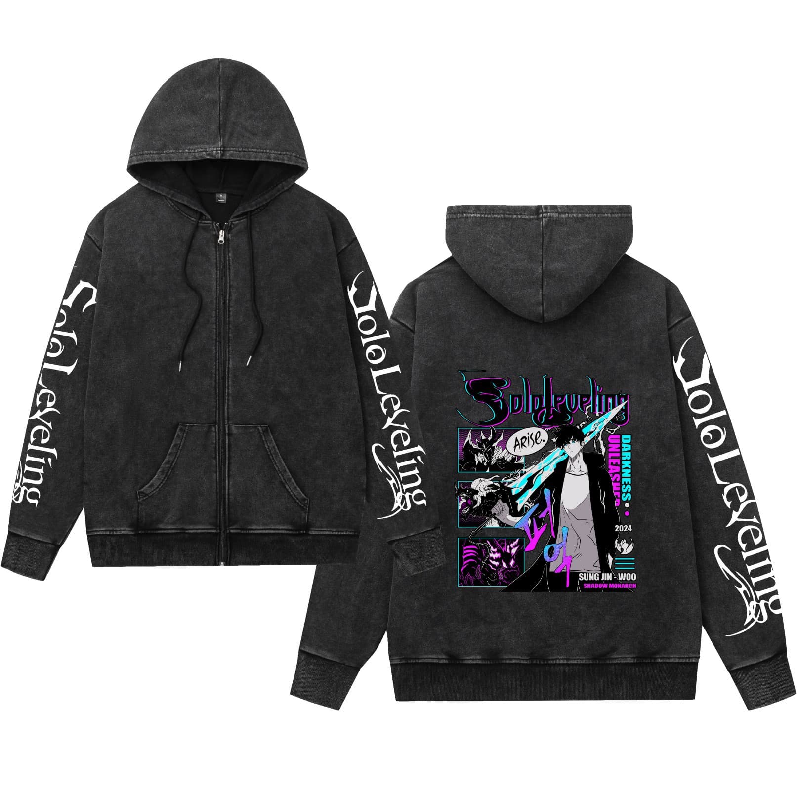 Washed distressed retro sweatshirt hooded zipper 2026 cross-border Solo Leveling independent upgrade