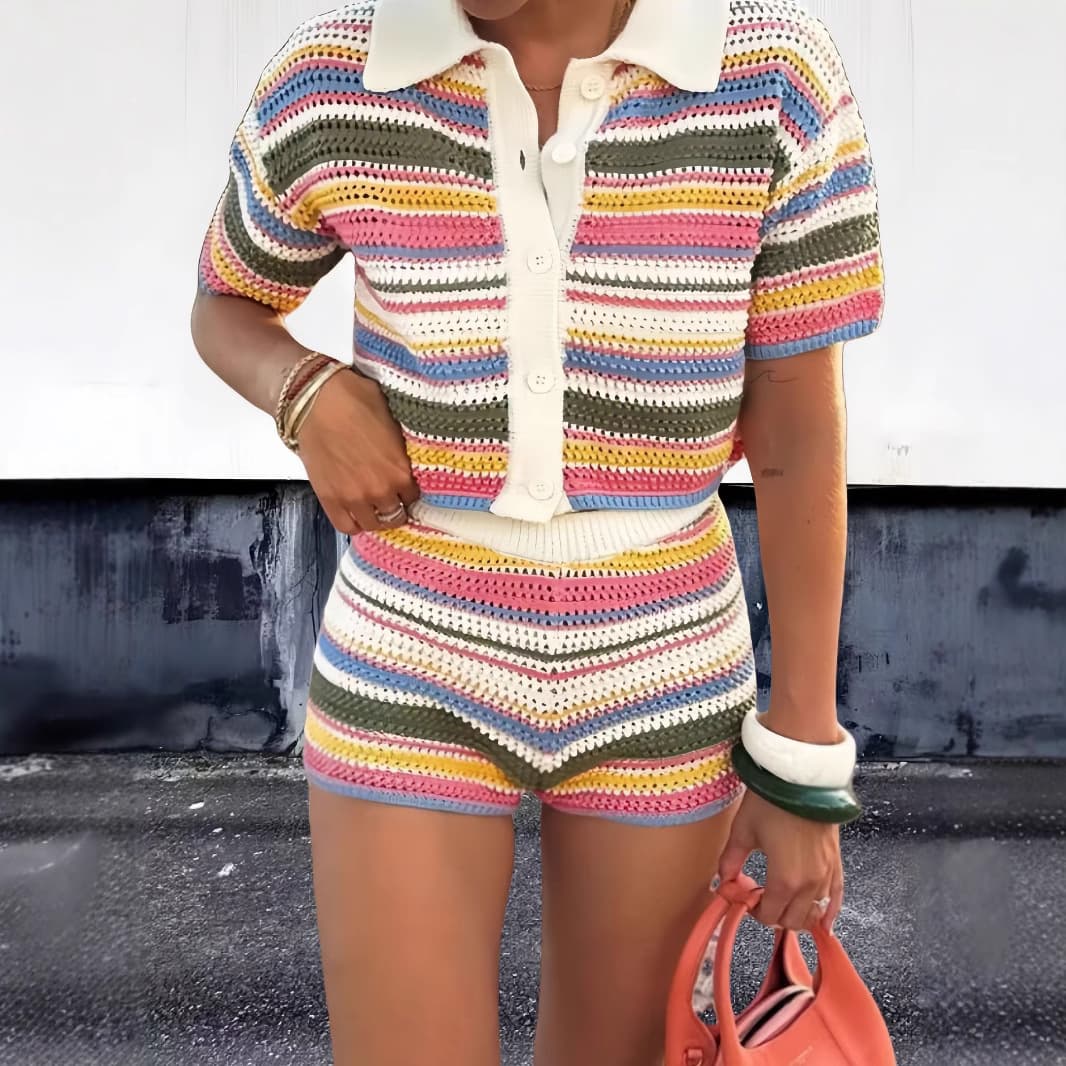 Colorful Stripe Knitted Set for Women Casual Winter Polo Shirt Sweater Short Pants Fashionable AE Brand from Mainland China