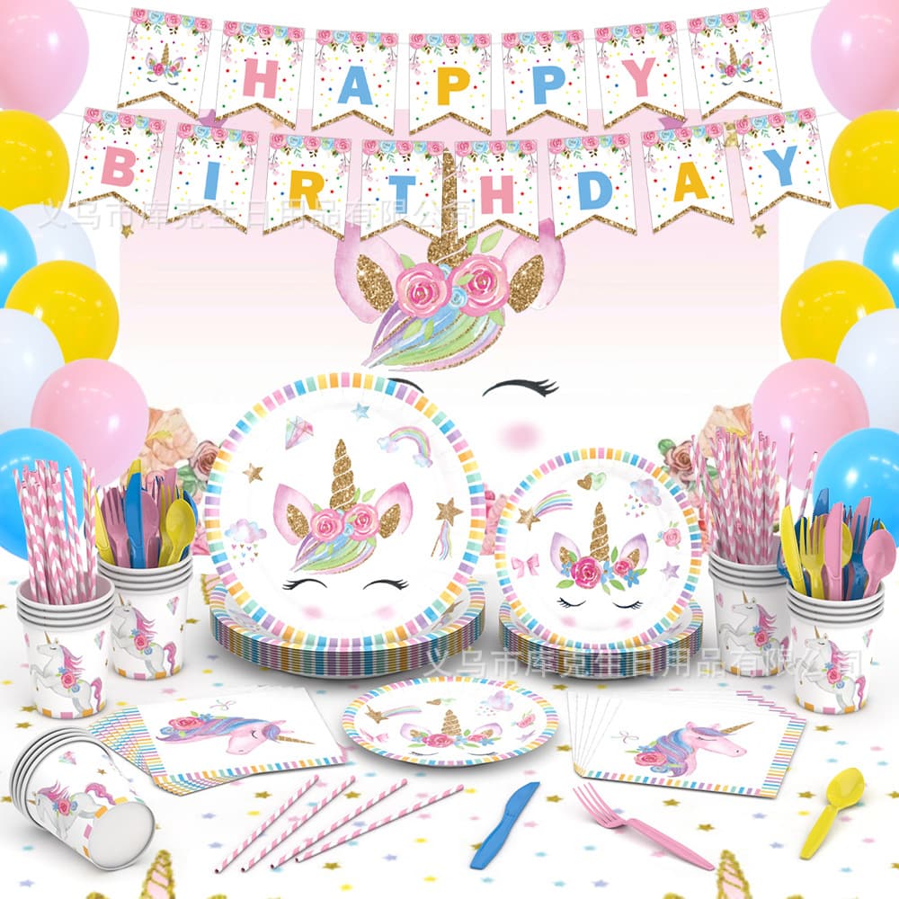 Cross-border Children's Birthday Party Paper Plate Decoration Supplies Unicorn Disposable Paper Plate Cup Set