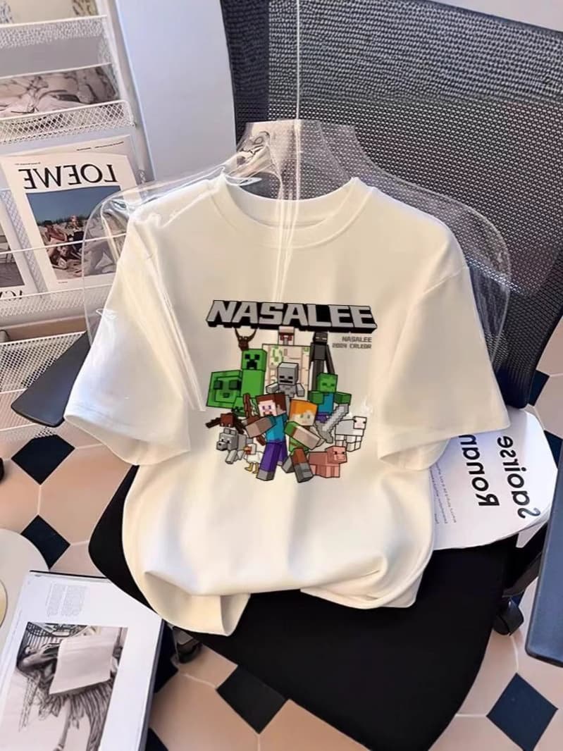 Minecraft T-shirt children's white short-sleeved pure cotton 2025 new medium and large children's summer half-sleeved boys' tops trendy