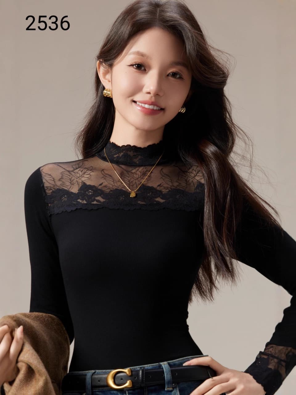 2025 Autumn/Winter New Lace Base Top Women Long Sleeve Half High Neck Hollow Mesh Inner Layer Ribbed Stylish Shirt