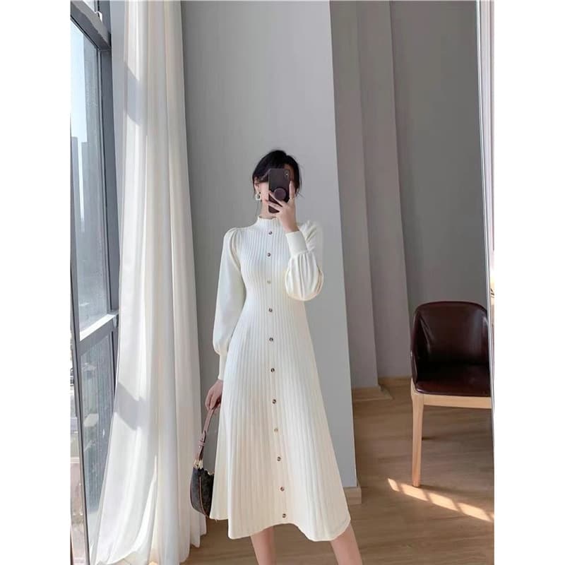2023 Autumn/Winter New Korean Style Elegant Sweater Dress Semi-High Neck Inner Wear Mid-Long Knit Long Sleeve Dress Women