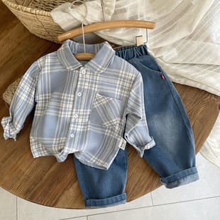 Boys Fall Plaid Shirt Set 2025 New Style Baby Toddler Long-Sleeve Shirt Two-Piece Autumn Outfit, Trendy