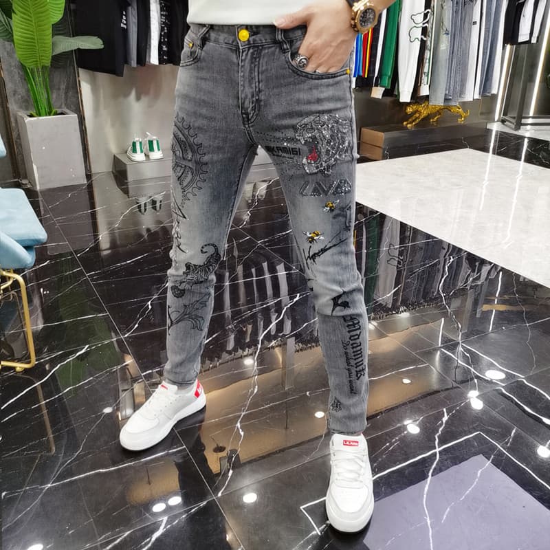 Slim Fit Men's Jeans Trendy Brand Tiger Head Rhinestone Personality Elastic Youth Casual Long Pants Middle Waist Zipper Opening