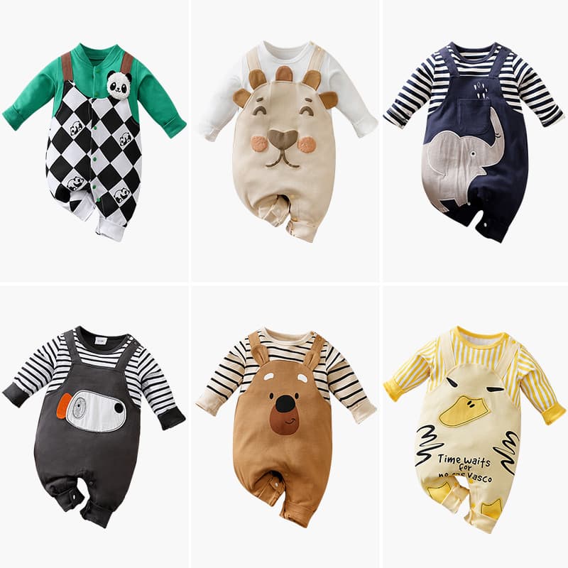 Newborn one-piece long-sleeved fake two-piece suspender suit cartoon baby clothes spring and autumn baby going out jumpsuit