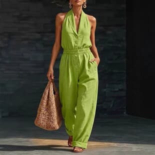 New Cross-Border Hanging Neck Sleeveless Jumpsuit for Women, Summer Beach Vacation V-Neck Set, Elegant Solid Color Long Pants