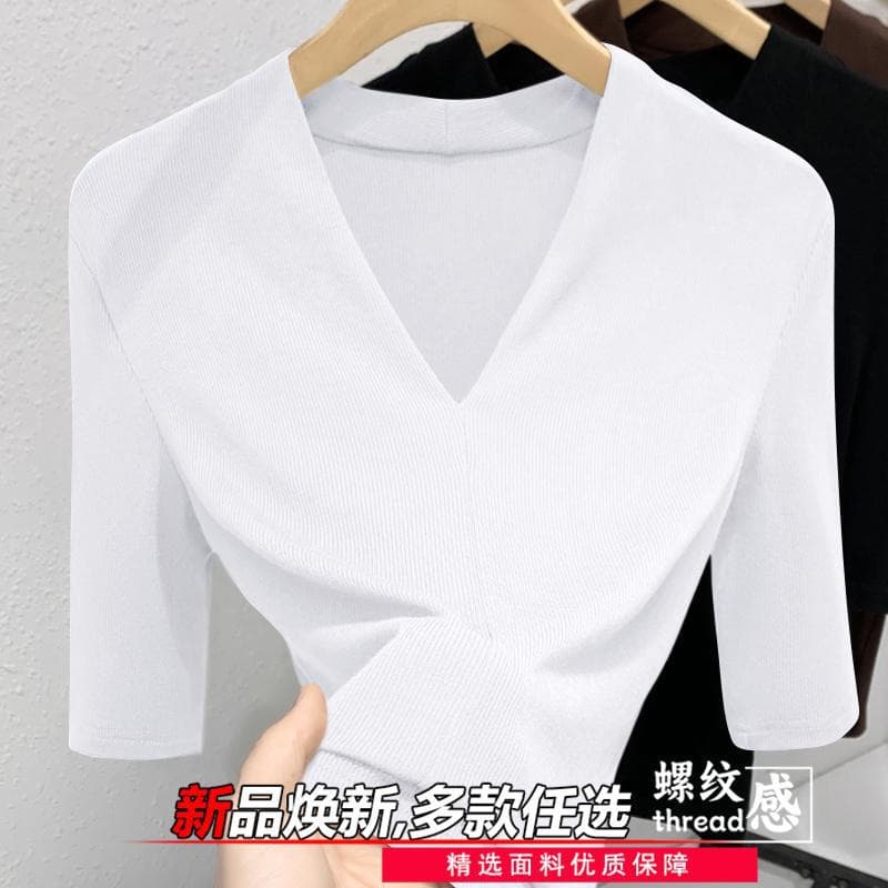 Spring and Summer Lightweight Versatile Top for Middle-Aged and Elderly Women, Cool Short-Sleeve Base Layer, Ribbed Age-Defying Summer Blouse