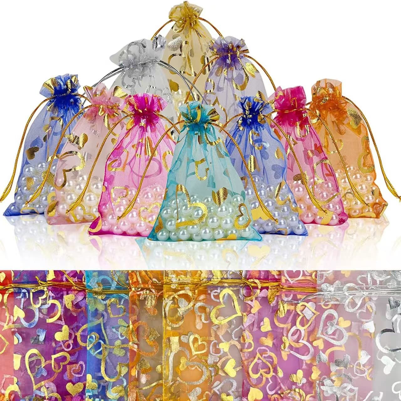 Tulle Bag with Gold and Silver Foil Heart, Rose Pattern Drawstring Tulle Bag for Jewelry and Accessories, Organza Bag