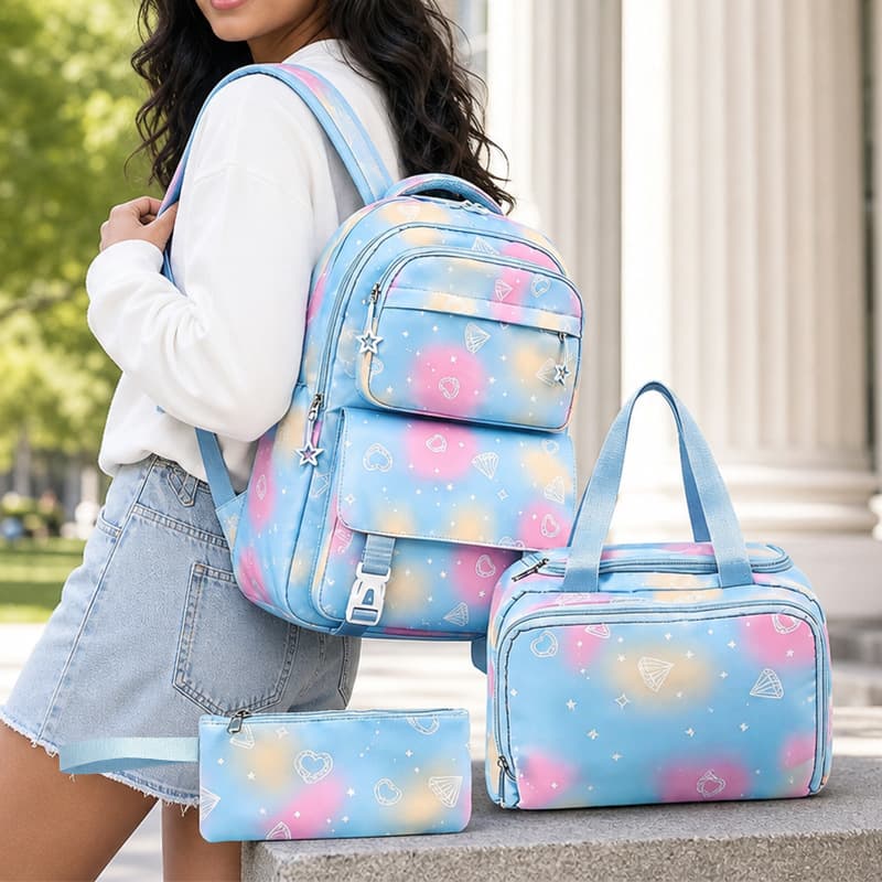 High-looking and large-capacity printed schoolbags for primary and secondary school students, backpacks, three-piece set cartoon wholesale