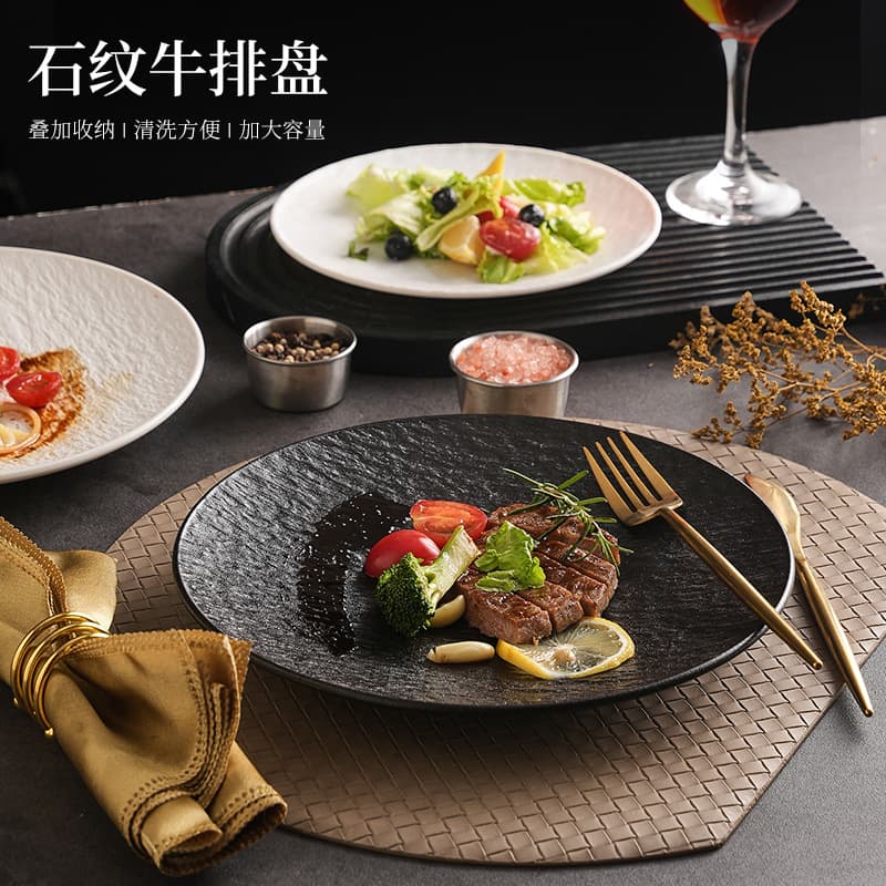 PP plastic stone plate light luxury black white steak plate Western plate pasta plate home imitation stone dinner plate