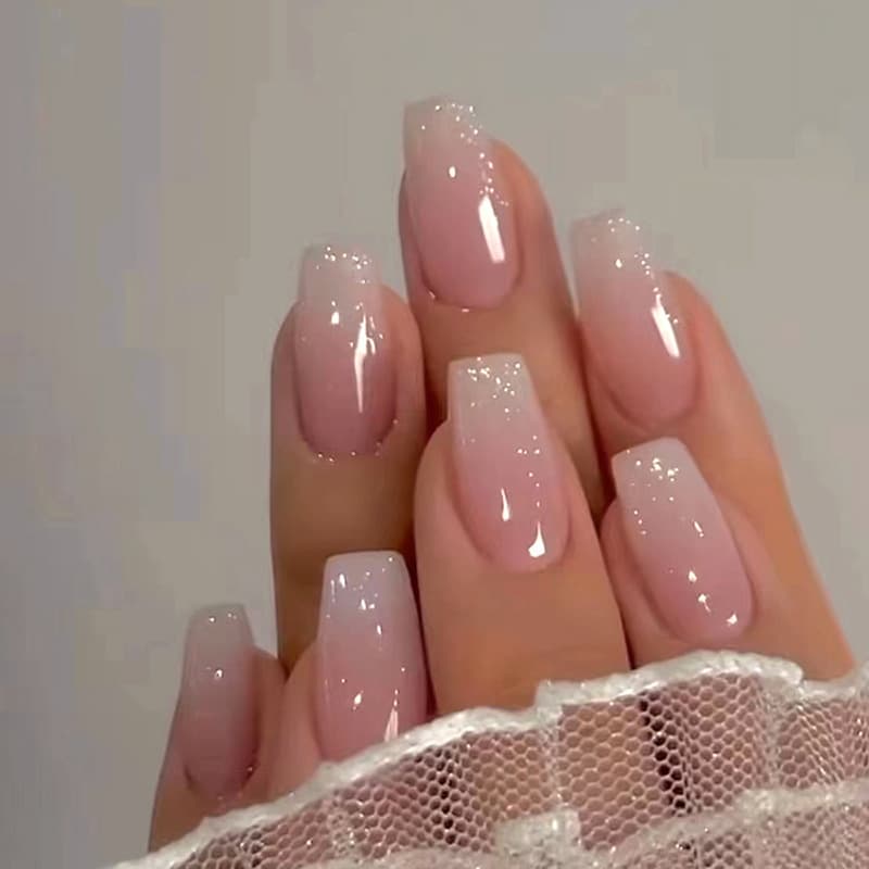 Medium-Long Ballet Nails Press-On Nails with Gradient Glitter Fake Nails Sweet Ins Style Wearable Nails