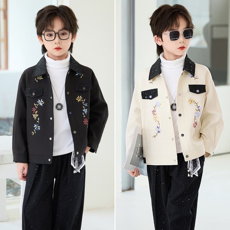 Boys Embroidered Lapel Vintage Workwear Jacket Fall Winter Kids Set Older Boys Stylish Casual Children's Outerwear