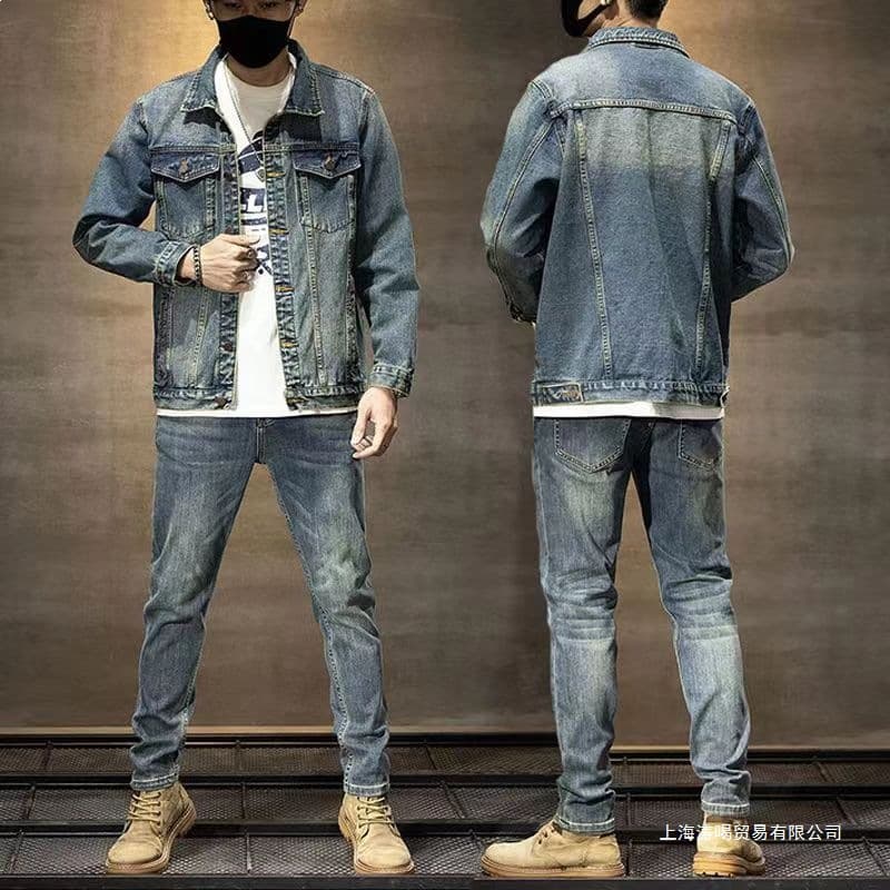 Spring/Autumn Denim Suit for Men, Retro Korean Style Trendy Jacket, Classic Denim Coat and Pants Two-Piece Set