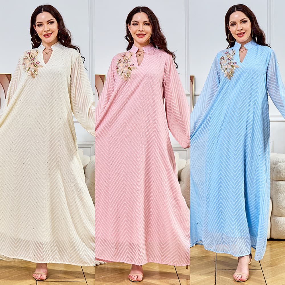 MT388 Women's Ethnic Style Long Sleeve Maxi Dress Fashion New Beaded Collar Flower Flared Gown Dress