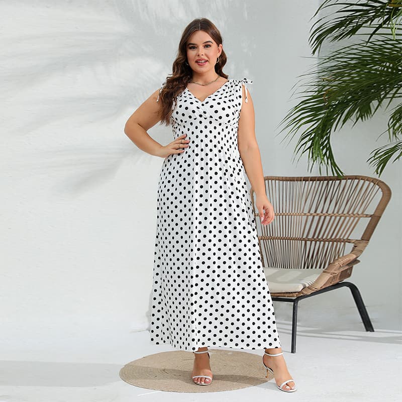 Hot Selling in Indonesia and Peru Elegant Plus Size Polka Dot Dress V-Neck Ribbed High Elasticity Spaghetti Strap Dress