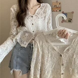 New Summer V-Neck Lace Long-Sleeve Cardigan for Women, Hollow Lace Sun Protection Top, Korean Chic Small Top Outerwear