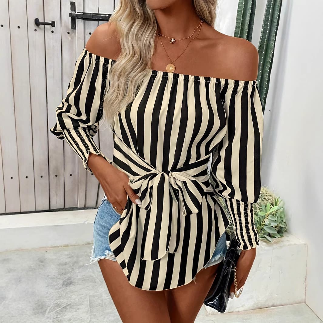 European and American Cross-border Amazon Best-selling Casual Striped Off-shoulder Bow Waist Shirt, Spring and Autumn Long-sleeve Top