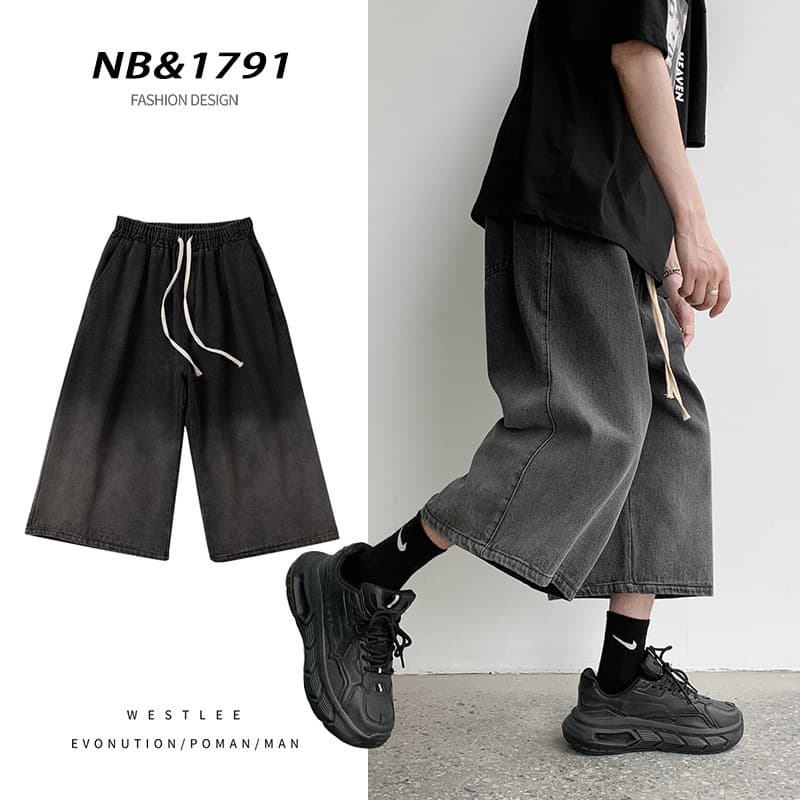 Jeans seven-tenths pants unisex summer American high-street washed loose pants ins trendy wide-leg shorts