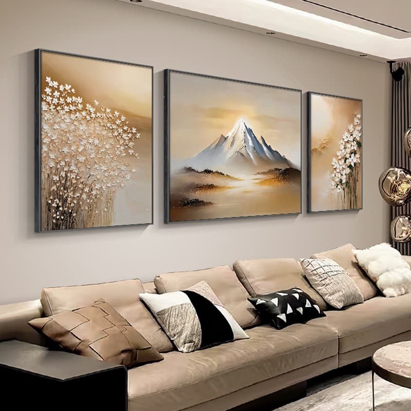 Sunlit Golden Mountain Living Room Decorative Painting Auspicious Hand-painted Dafen Village Oil Painting Floral Triptych Sofa Background Wall Art