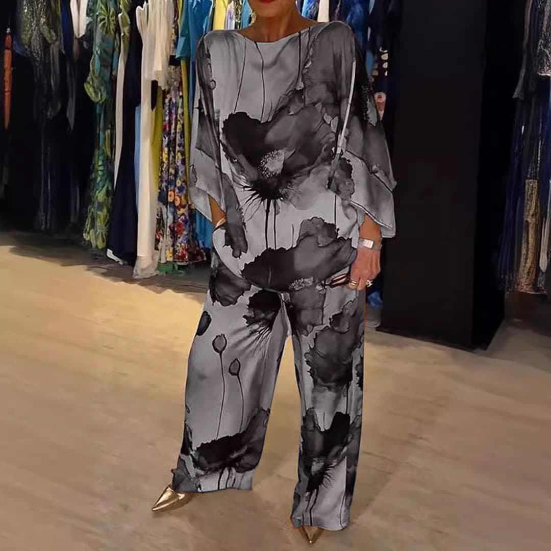 2024 Summer/Fall New Arrival Standalone Site_Urban Elegant Satin One-Shoulder Loose Printed Batwing Sleeve Drawstring Pants