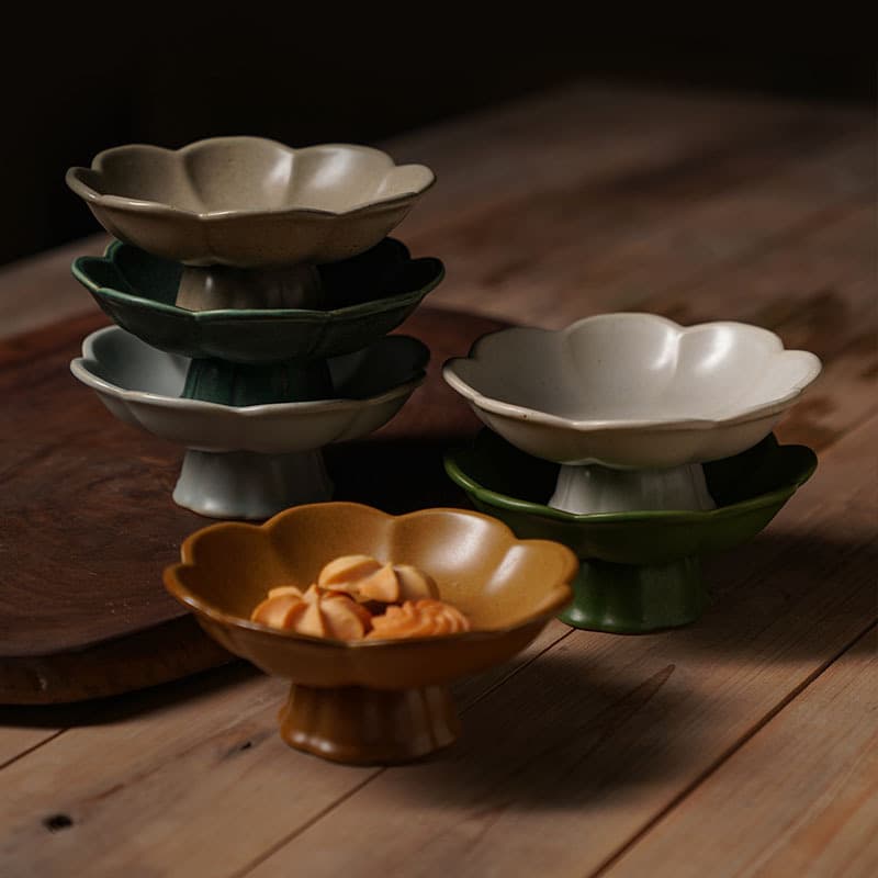 Ceramic High-Footed Fruit Plate, Vintage Offering Plate, Dried Fruit and Snack Plate, Chinese-Style Tribute Plate, High-Footed Tea Snack Plate