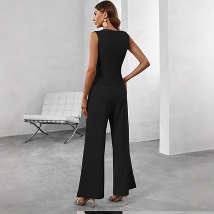 Solid Color V-Neck Sleeveless High-Waist Women's Suit with Pants and Blazer Office Commute Button Set