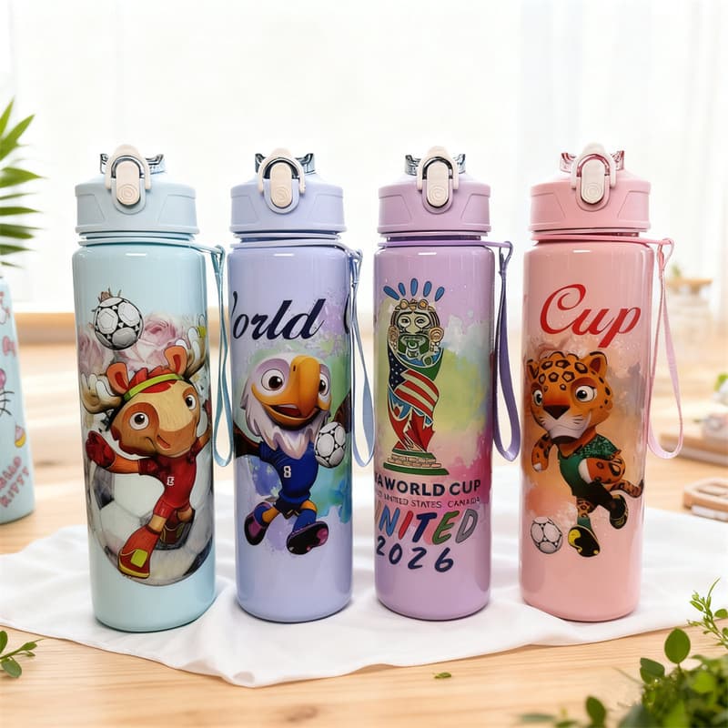 Cross-Border World Cup Plastic Water Bottle Cute Straw Cup Student Pop-Up with Rope Cartoon Sports Fitness Cup