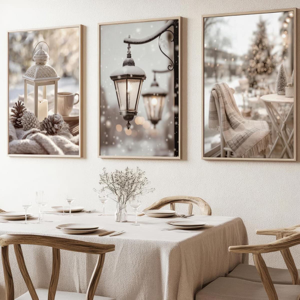 Nordic Cozy Winter Christmas Snow Street Lamp Living Room Bedroom Gift Decor Print Pine Wood Frame