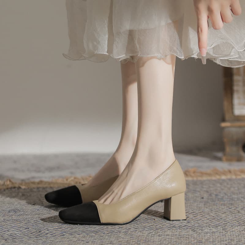 Genuine Leather Color Block Chunky Heel Single Shoes Women's Medium Heel French Style High Heels Large Size Women Shoes 41-43