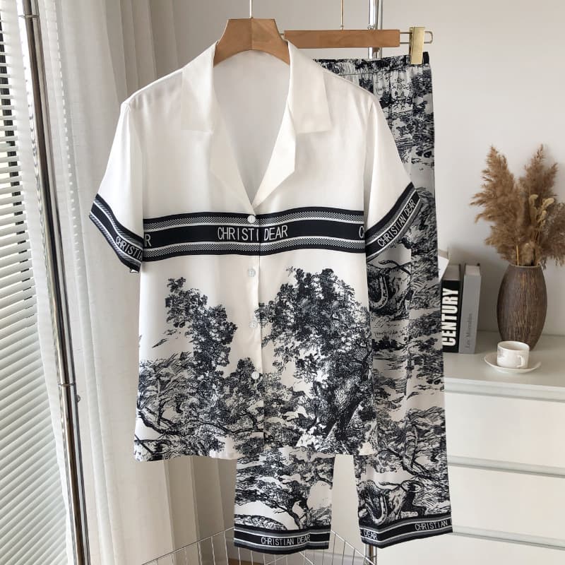 Cross-border High-end Wholesale Pajamas Ice Silk Women's Short Sleeve Long Pants Jacquard Ins Style Summer Thin Homewear Set