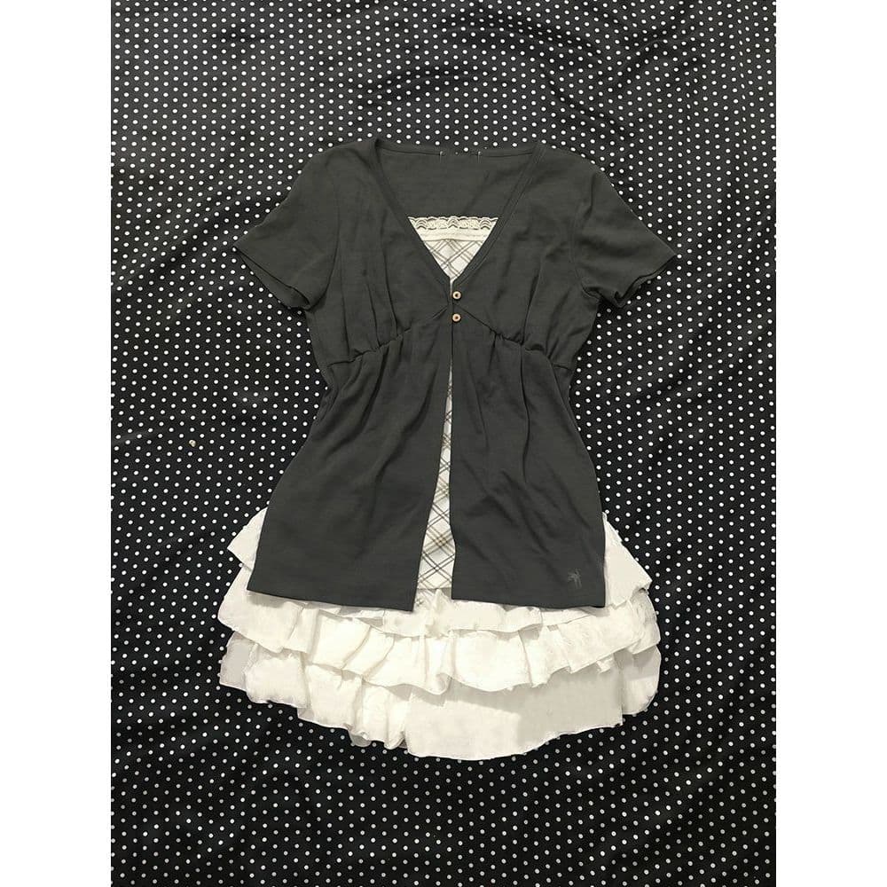 YS [Grey Velvet Sweet Isle] Japanese Vintage Retro Set: Textured Cardigan + Inner Top + Ruffled Skirt