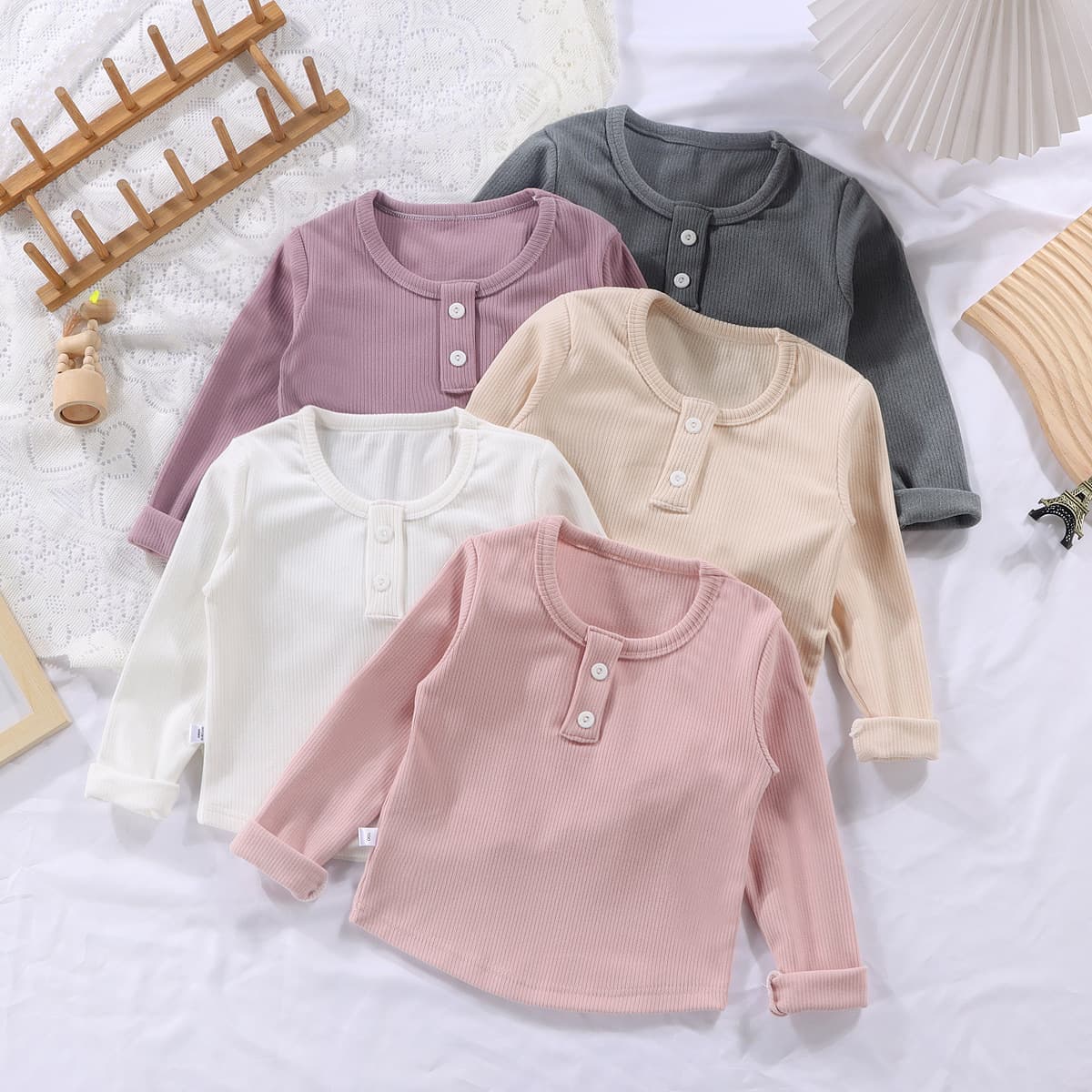 Spring/Autumn Inner Wear Round Neck Ribbed German Fleece Thermal Shirt, Kids' Base Layer, Unisex Baby Long-Sleeve Versatile Top Single Piece