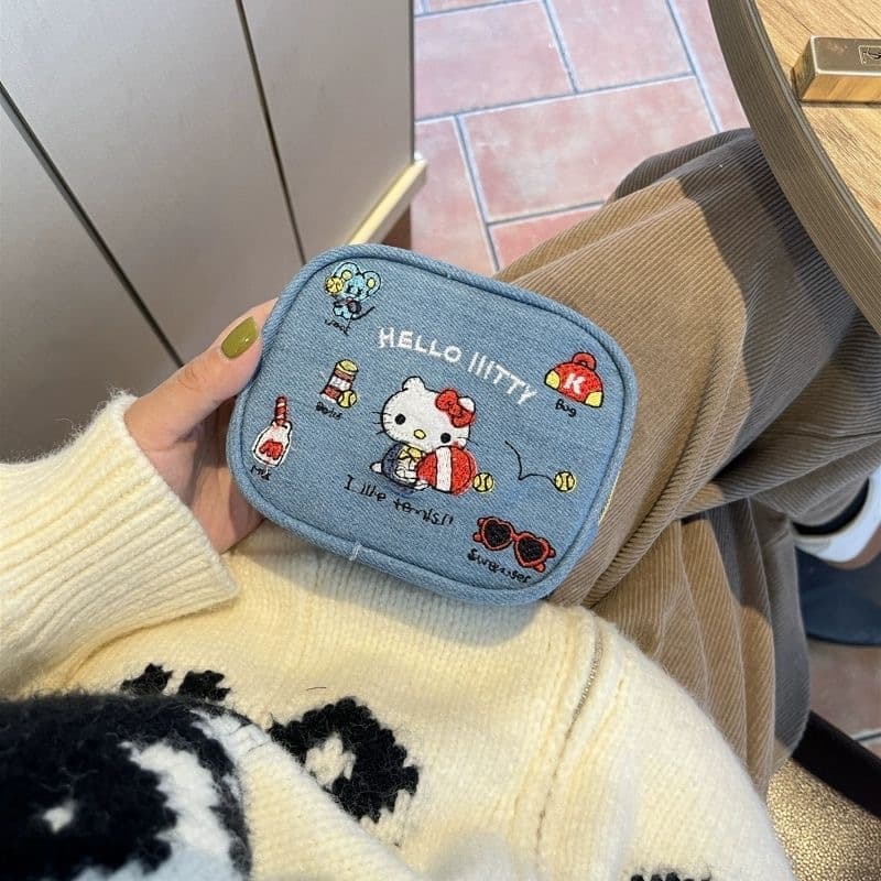 Japanese cute Hello Kitty storage bag retro denim thorn coin purse portable cosmetic bag large capacity stationery bag