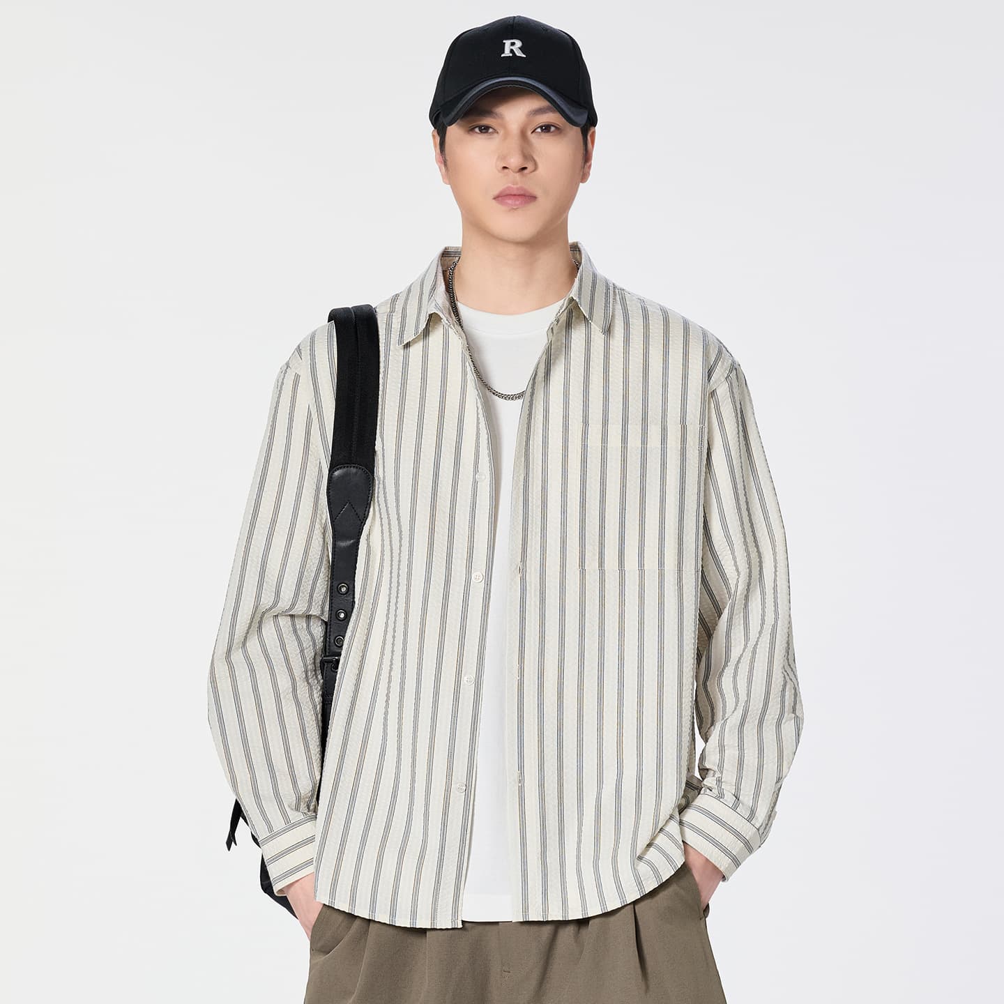 Japanese Striped Seersucker Shirt for Men Spring New Design Relaxed Retro Regular Shoulder Long Sleeve Shirt Trendy