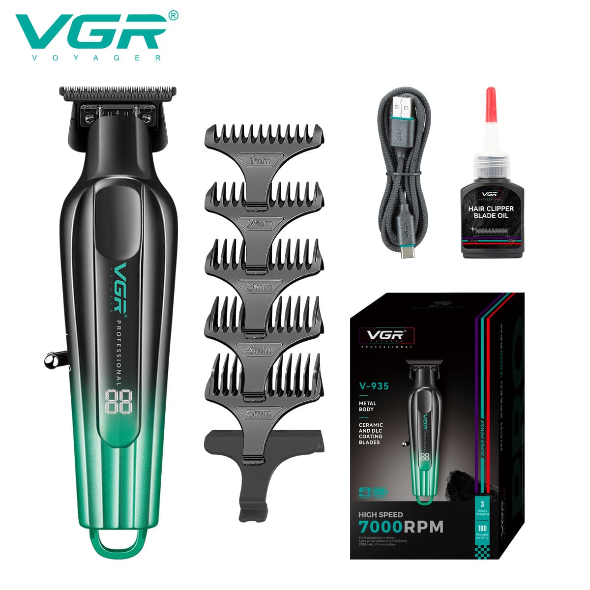 Metal VGR935 Electric Hair Clipper for Men LCD Display Rechargeable Gradient Color Carving Hair Trimmer Non-Waterproof Brush Motor