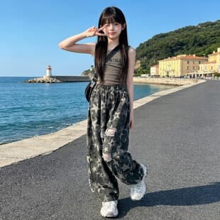 Girls' Jazz Dance Set Summer: Big Kids' Hip-Hop Street Dance Sleeveless Top with Summer Ripped Jeans for Girls