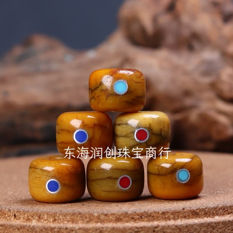 Tibetan Old Material Multi-Treasure Inlaid Yak Bone Loose Beads Inlaid Barrel Bead Tibetan Style Collectible DIY Matching Bead 108 Buddhist Bead Accessories