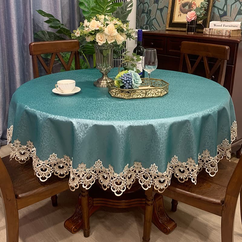 One piece drop shipping foreign trade large round table waterproof and oil-proof no-wash lace PU green dining table round American tablecloth