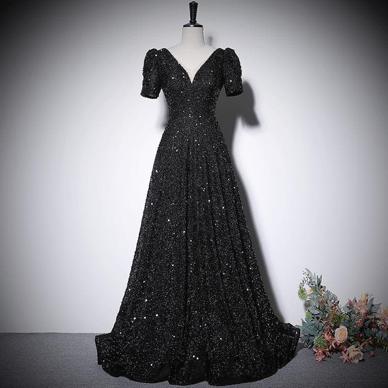 European and American Black Evening Dress for Women with Sequins, Luxurious French Style One-Piece Dress, Host and Socialite Elegant Stage Gown