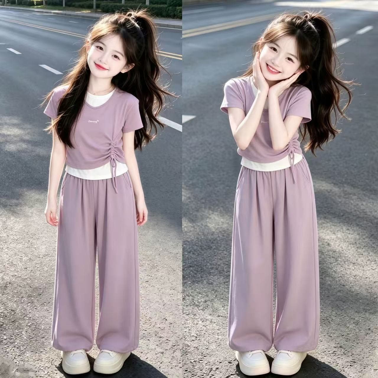Girls' Summer Set 2026 New Kids Fashionable Fake Layer T-Shirt Summer Girls Wide Leg Pants Two-Piece Set