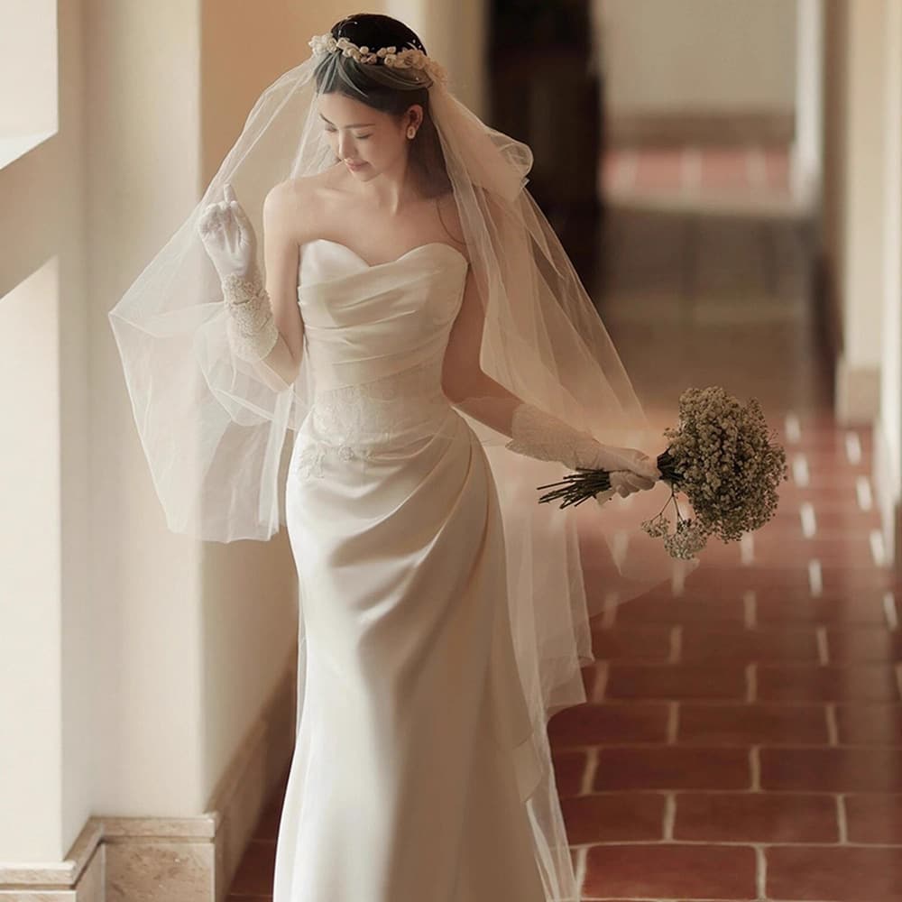 French Strapless Light Wedding Dress Bride Satin Going-Away Gown Reception Gown Simple High-End Luxury Niche Dress