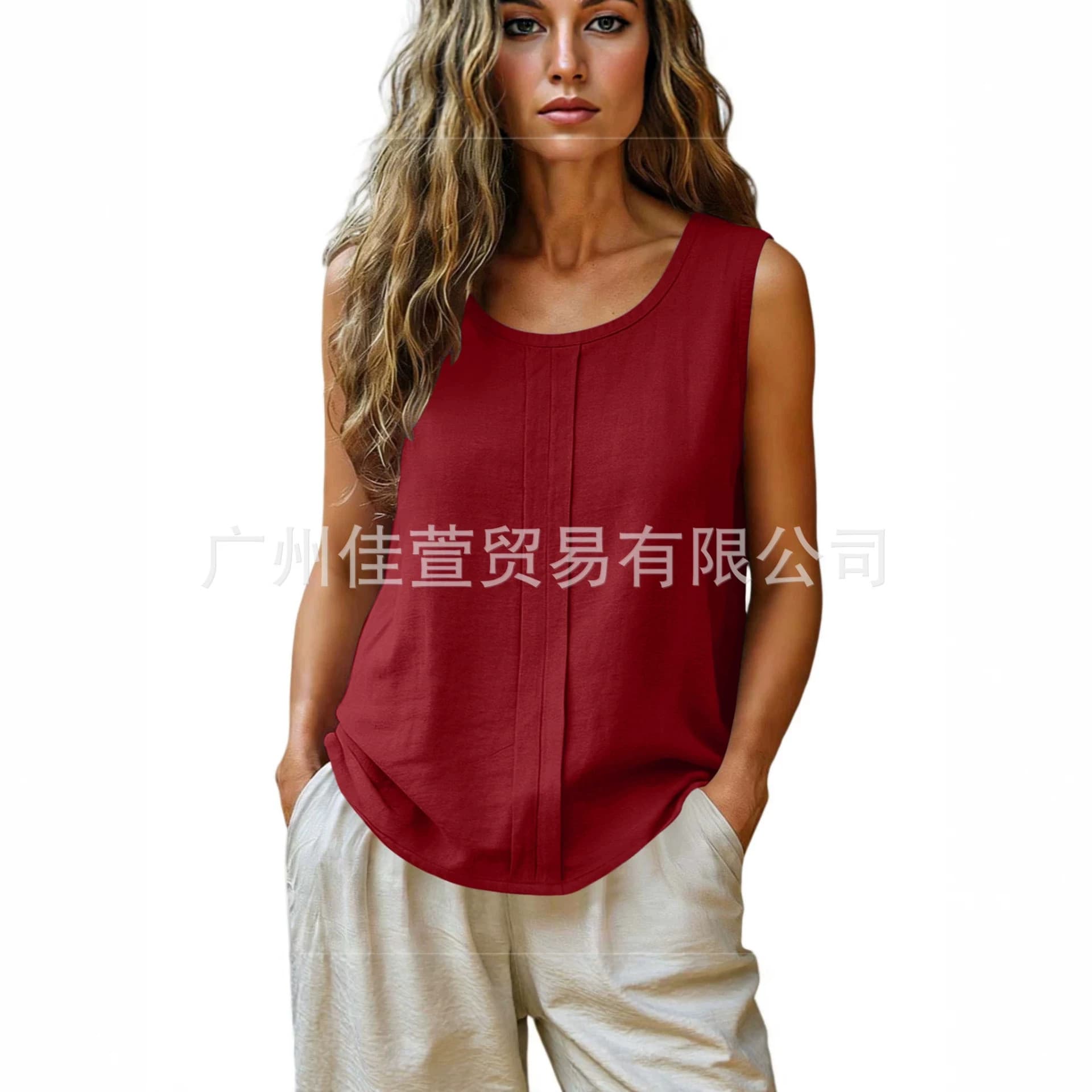 Women's Fashion Summer Cotton Linen Solid Color Round Neck Sleeveless Vest with Pleated Details