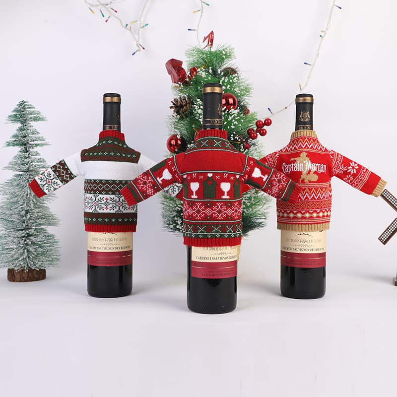 Customized knitted cup cover for Christmas decoration red wine bottle cover Amazon best-selling antifreeze jacquard wine bottle sweater bottle cover