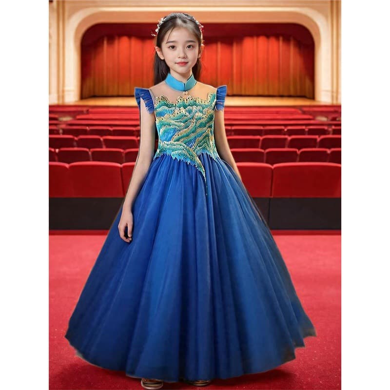 Girls' Dress Gown Wedding Princess Embroidered Piano Luxury Unique Performance Costume Birthday High-End Light Children Flower Girl